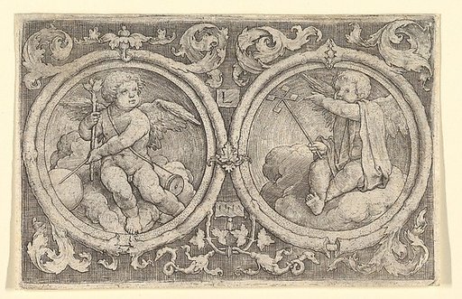 Two Putti Seated in Clouds in Circles with Tendrils