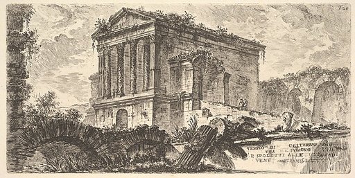 Plate 26: Temple of Clitumnus between Foligno and Spoleto... (Tempio di Clitumno tra Fuligno e Spoletti...), from "Alcune Vedute di Archi Trionfali ed altri monumenti inalzati da Romani parte di quali se veggono in Roma e parte per l'Italia" (Some Views of Triumphal Arches and other monuments erecte