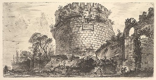 Plate 20: Tomb of Caecilia Metella called the Capo di Bove (Ox Head) (Sepolcro di Metela detto Capo di Bove), from "Alcune Vedute di Archi Trionfali ed altri monumenti inalzati da Romani parte di quali se veggono in Roma e parte per l'Italia" (Some Views of Triumphal Arches and other monuments erect