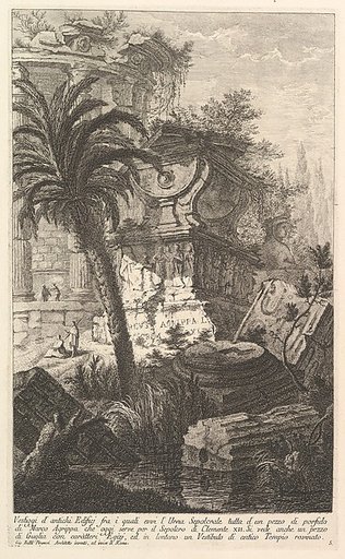 Remains of ancient buldings among which stands the sepulchral urn of Marcus Agrippa made entirely of porphyry, which serves today as the Tomb of Clement XII... (Vestiggi d'antichi Edifici fra i quali evvi l'Urna Sepolcrale tutta d'un pezzo di...), from "Prima Parte di Architettura, e Prospettive"