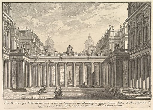 View of a courtyard with a loggia, fountains, statues, and other ornaments (Prospetto d'un regio Cortile nel cui mezzo vi stà una Loggia...), from "Prima Parte di Architettura, e Prospettive"