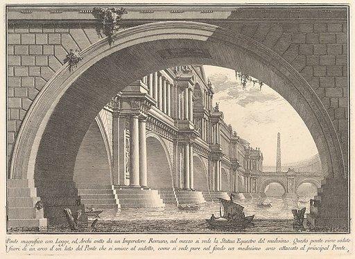 Magnificent bridge with loggias, and arches erected by a Roman Emperor... (Ponte magnfiico con Logge, ed Archi erretto da un Imperatore Romane...), from "Prima Parte di Architettura, e Prospettive"