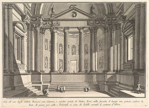 Colonnaded hall according to the custom of the ancient Romans, and niches adorned with statues (Sala all'uso degli antichi Romani con Colonne, e nicchie ornate di Statue), from "Prima Parte di Architettura, e Prospettive"