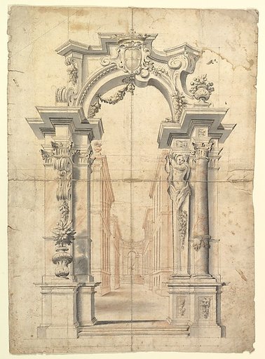 Two One Half Variants of a Design for Painted Wall Decoration with Arch and Perspective View Inside (recto); Negligible diagrams and compass drawn circle (verso)
