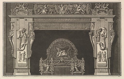 Chimneypiece: Frieze of trophies and winged Victories on the lintel, with cornucopias to either side of the jambs decorated with varied reliefs (Ch. décorée d'une grecque), from Diverse Maniere d'adornare i cammini ed ogni altra parte degli edifizi...(Different Ways of ornamenting chimneypieces and 