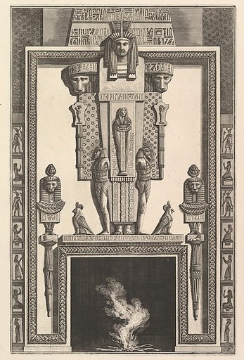 Chimneypiece in the Egyptian style: Mummy superimposed on a large caryatid above the lintel (Ch. à l'égyptiennne surmontée d'une grande cariatide contre laquelle s'applique une momie), from Diverse Maniere d'adornare i cammini ed ogni altra parte degli edifizi...(Different Ways of ornamenting chimne