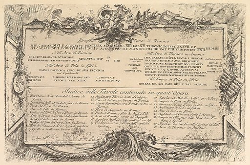 Iscrizione nei lati del Ponte di Rimino (Inscription on the side of the Rimini Bridge) followed by an index of plates in the volume, from "Antichità Romane de' Tempi della Repubblica, e de' primi Imperatori"