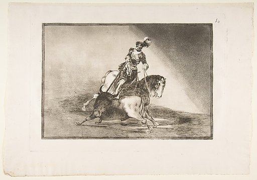 Plate 10 from "La Tauromaquia": Charles V spearing a bull in the ring at Valladolid