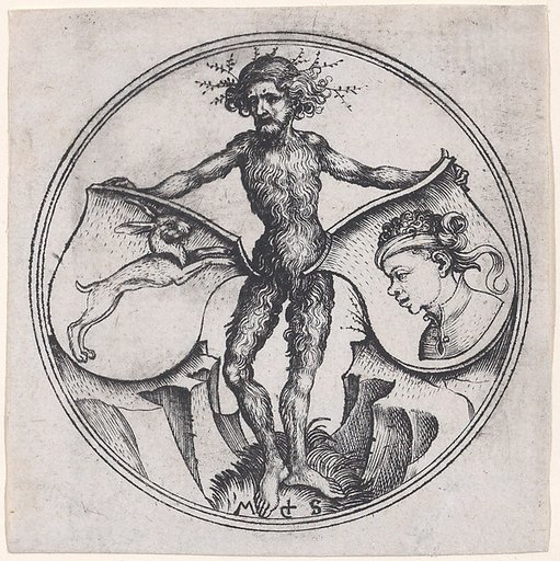 Wild Man Holding a Shield with a Hare and a Shield with a Moor's Head