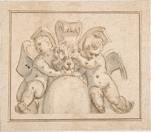 Strapwork Cartouche with Putti and a Lion's Mask