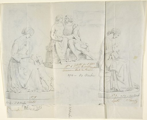 Sketches of seven statues: Faith, Paolo and Francesca di RImini, Charity, Ceres, Heavenly Venus, Dancer, and Sleeping Cupid