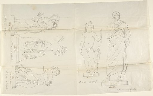 Sketches of five statues:  Love, Aristides, Putto with a Cat, Psyche, and Putto with a Dog