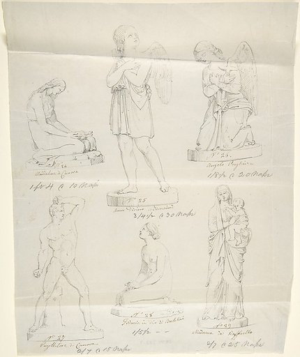 Sketches of six statues: Magdalen by Canova, Divine Love by Bienaimé, Praying Angel, Boxer by Canova, Trust in God by Bartolini, and Madonna by Raphael