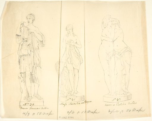 Sketches of three statues: Diana, Nymph Bathing and Cupid and Pysche