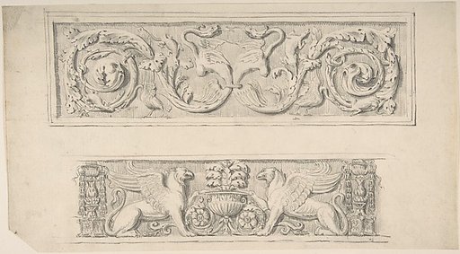 Two Frieze Designs: Decorated with Birds, Reptiles and Vines, Griffins and Vases