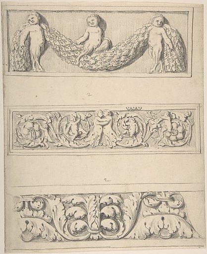 Three Frieze Designs with Young Satyrs, Leaves, Vines, and Putti