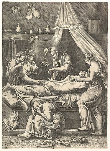 An allegory of sickness, man laying prostrate on a bed surrounded by figures