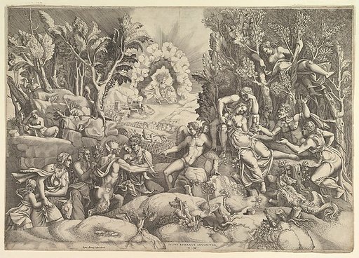 The Death of Procris; Cephalus mournig the death of Procris on the right surrounded by Cupid and mourning satyrs and nymphs, the goddess of dawn in her chariot in the background