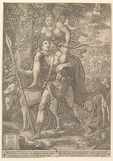 Allegory of the Hunt; a hunter holding a large spear carrying a woman (Diana?) on his shoulders; five hunting dogs in the foreground and a retinue of male and female hunters in the background