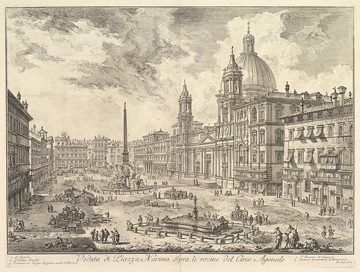 The Piazza Navona, Rome, above the ruins of the Circus of Domitian, the Church of Sant Agnese to the right, Bernini's fountain in the center, from "Vedute di Roma"
