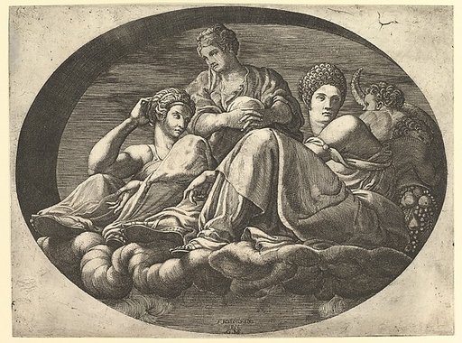 Ceres Seated on Clouds with Two Goddesses and Two Putti, from a series of eight compositions after Francesco Primaticcio's designs for the ceiling of the Ulysses Gallery (destroyed 1738-39) at Fontainebleau