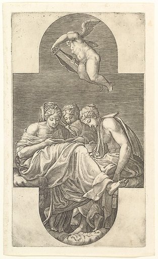 Three Muses and a Putto with a Lyre, a cruciform composition, from a series of eight compositions after Francesco Primaticcio's designs for the ceiling of the Gallery of Ulysses (destroyed 1738–39) at Fontainebleau