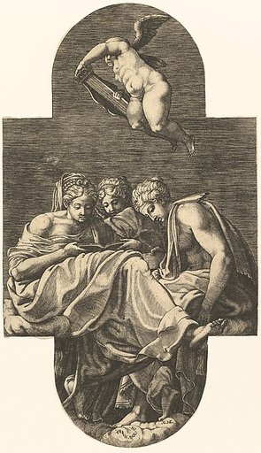 Three Muses and a putto above with a lyre, from a series of eight compositions after Francesco Primaticcio's designs for the ceiling of the Ulysses Gallery (destroyed 1738-39) at Fontainebleau