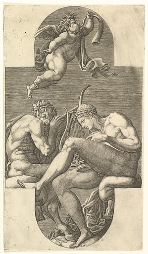 Apollo, Pan, and a Putto Blowing a Horn,  a cruciform composition, from a series of eight compositions after Francesco Primaticcio's designs for the ceiling of the Gallery of Ulysses (destroyed 1738-39) at Fontainebleau