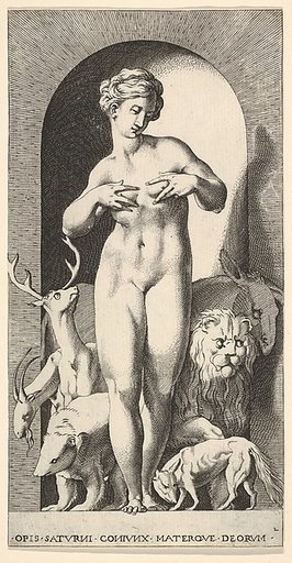 Plate 2: Ops standing in a niche with her hands at her breasts, looking to her left, with animals behind her, from "Mythological Gods and Goddesses"