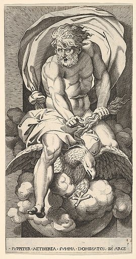 Plate 3: Jupiter emerging from a niche, riding an eagle and holding a thunderbolt in his left hand, from "Mythological Gods and Goddesses"