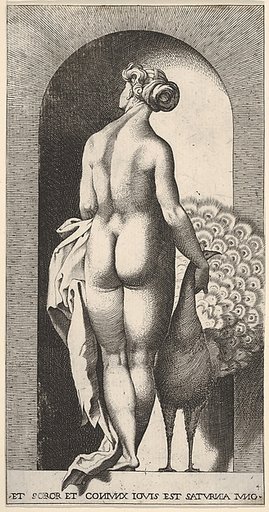 Plate 4: Juno standing in a niche, viewed from behind, stroking a peacock to her right, from "Mythological Gods and Goddesses"
