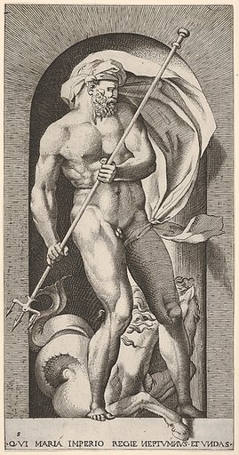 Plate 5: Neptune standing in a niche holding a trident, with a hippocampus (sea-horse) behind him, from "Mythological Gods and Goddesses"