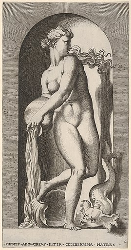 Plate 6: Thetis standing in a niche with a shell and sea creature, pouring water out of a vase, looking to her left, from "Mythological Gods and Goddesses"