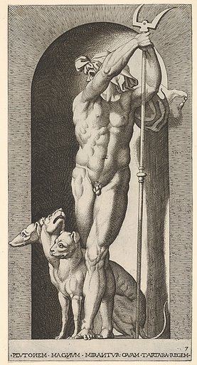 Plate 7: Pluto in a niche, holding a bident, with Cerberus next to him, from "Mythological Gods and Goddesses"