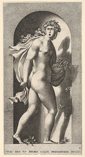 Plate 8: Proserpina, standing in a niche, turning to the right while holding mantle in both hands and flowers in her right hand, from "Mythological Gods and Goddesses"