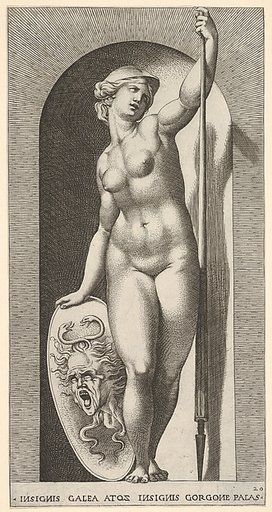 Plate 20: Pallas Athena holding a shield with Medusa's head in her right hand and a lance in her left hand, from "Mythological Gods and Goddesses"