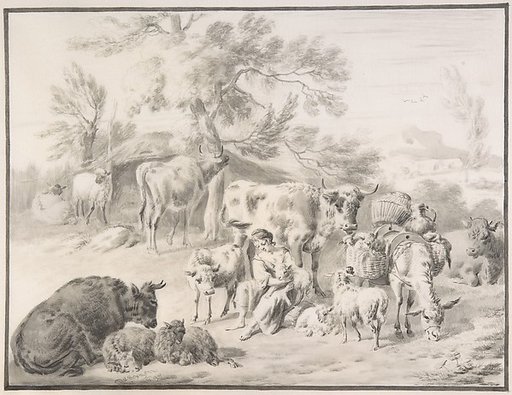 A Herdswoman Seated Amongst Her Animals, with a Lamb in Her Arms