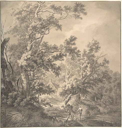 Landscape with a House Hidden Between Trees and Two Men Near a Small Bridge
