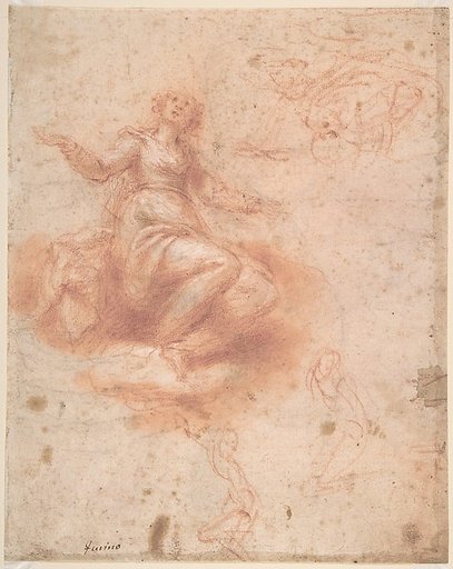 Young Woman on a Cloud with Three Figures (recto); Studies of an Old Man and a Hand (verso)