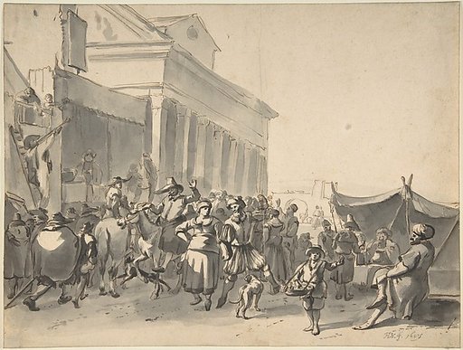 An Italian City with a Crowd Watching Actors in an Outdoor Theater