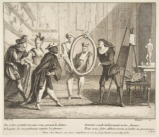 Pierrot and Scaramouche show the portrait of Harlequin