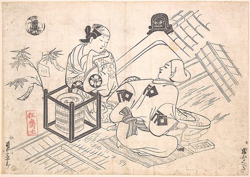 Katsuyama Matagoro as a Yane-chi Seated on a Straw Mat on the Tiled Roof of a House