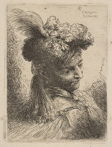 Young man facing three quarters right wearing a fur headdress with a plume, jewel and a headband, from "Small Heads in Oriental Headdress"