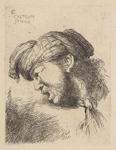 Man wearing a turban, a tie fastened around his neck, facing left, from "Small Heads in Oriental Headdress"