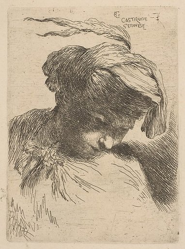 Young man looking down to right, from "Small Heads in Oriental Headdress"