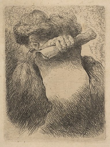 Man holding a scroll in front of his face, from "Small Heads in Oriental Headdress"
