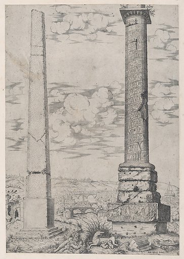 Column of Antoninus and a Roman Obelisk, from "Speculum Romanae Magnificentiae"