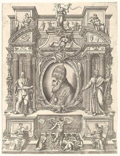 Bust portrait of Pope Pius V in profile facing left set within an elaborate architectural structure upon which sit allegorical figures including Faith, Charity and Religion above and Justice and Prudence below who flank St Michael