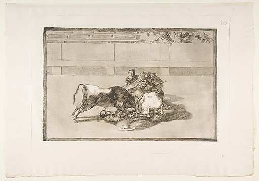 Plate 26 from "La Tauromaquia": A picador is unhorsed and falls under the bull