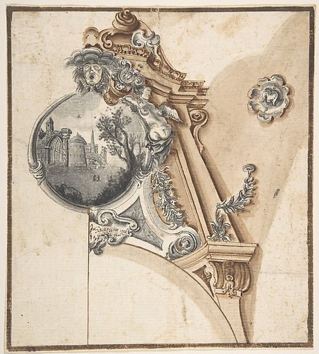 Decoration over an Arch with a Landscape Scene in a Round Compartment